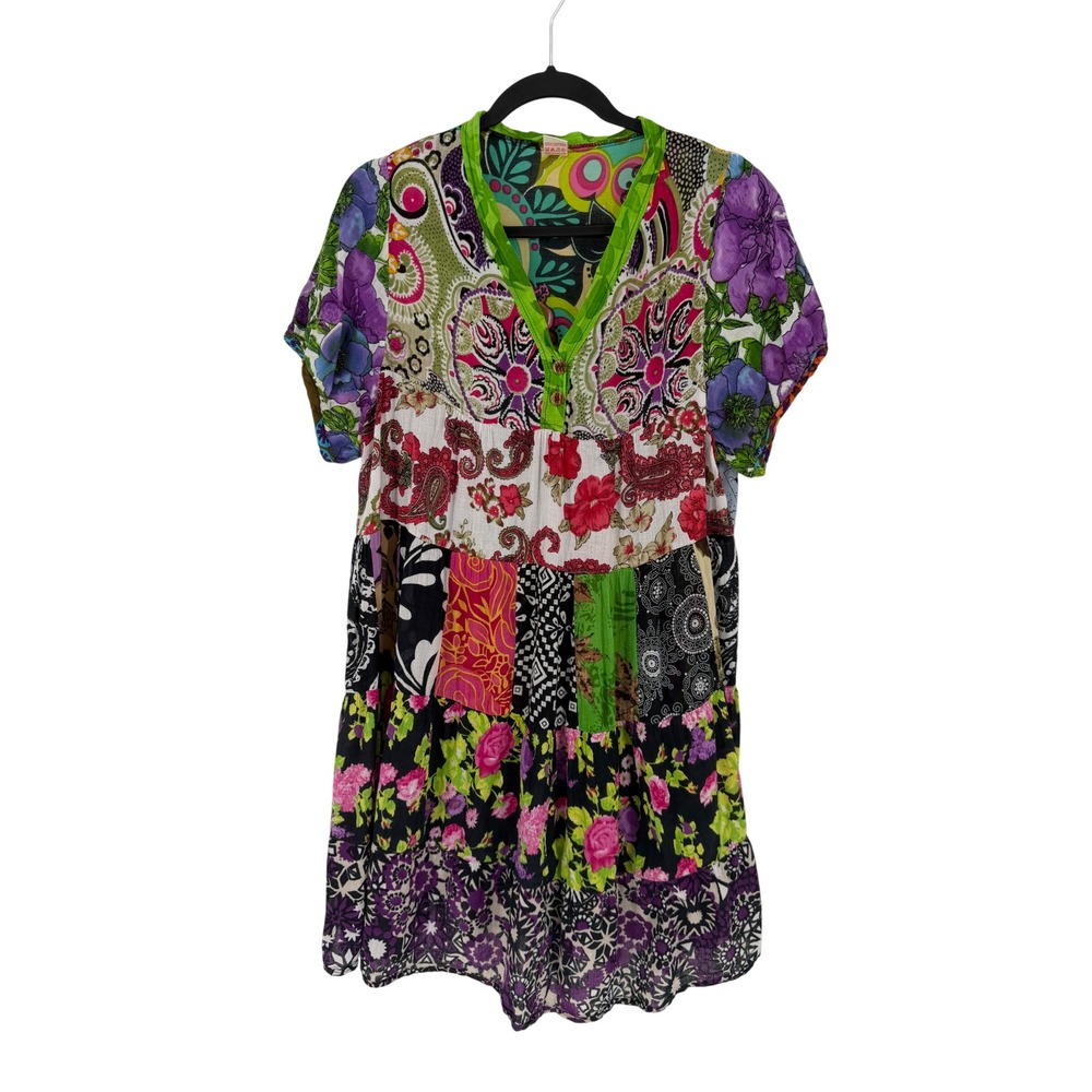 Krasuy‎ Design  Multi-Color Patchwork Vintage Thai Boho Tiered Cotton Mini Dress